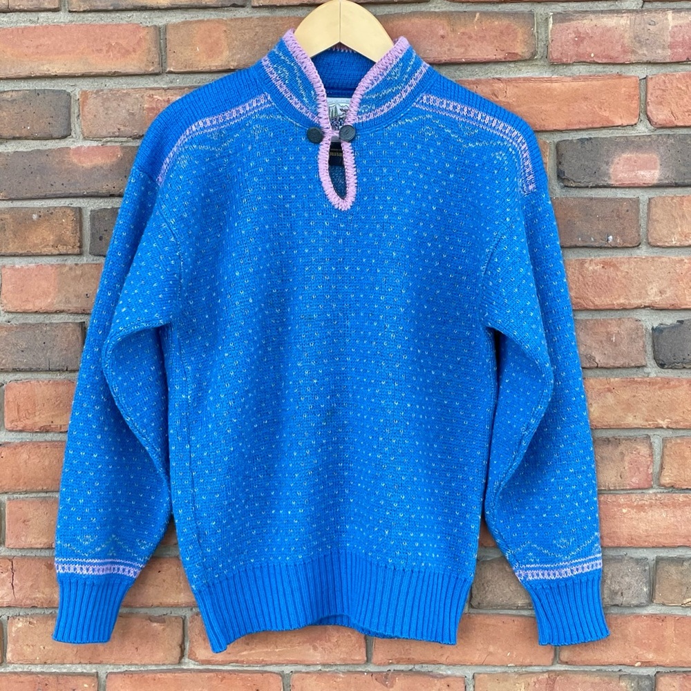 Vintage Alps Blue Pink 100% Pure Wool Winter Pullover Sweater Long Sleeve Sz M